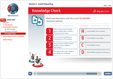 Screenshot of Solidworks course showing a quiz activity