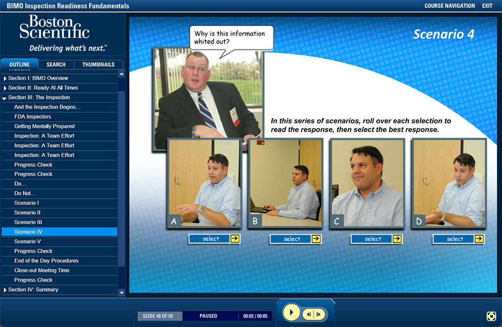 Screenshot from Boston Scientific showing a quiz scenario