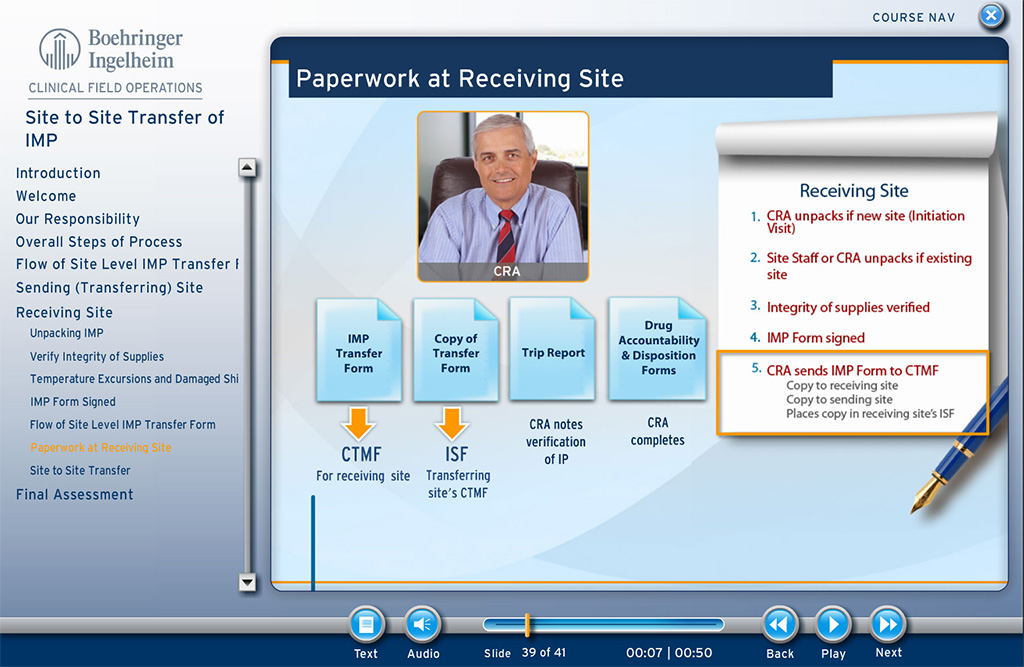 Screenshot from Clinical Field Operations course that shows example documents for receiving sites