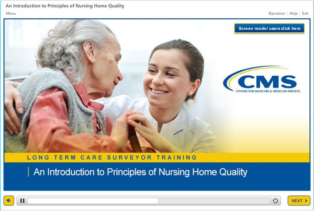 Screenshot from Principles of Nursing Home Quality course opening page