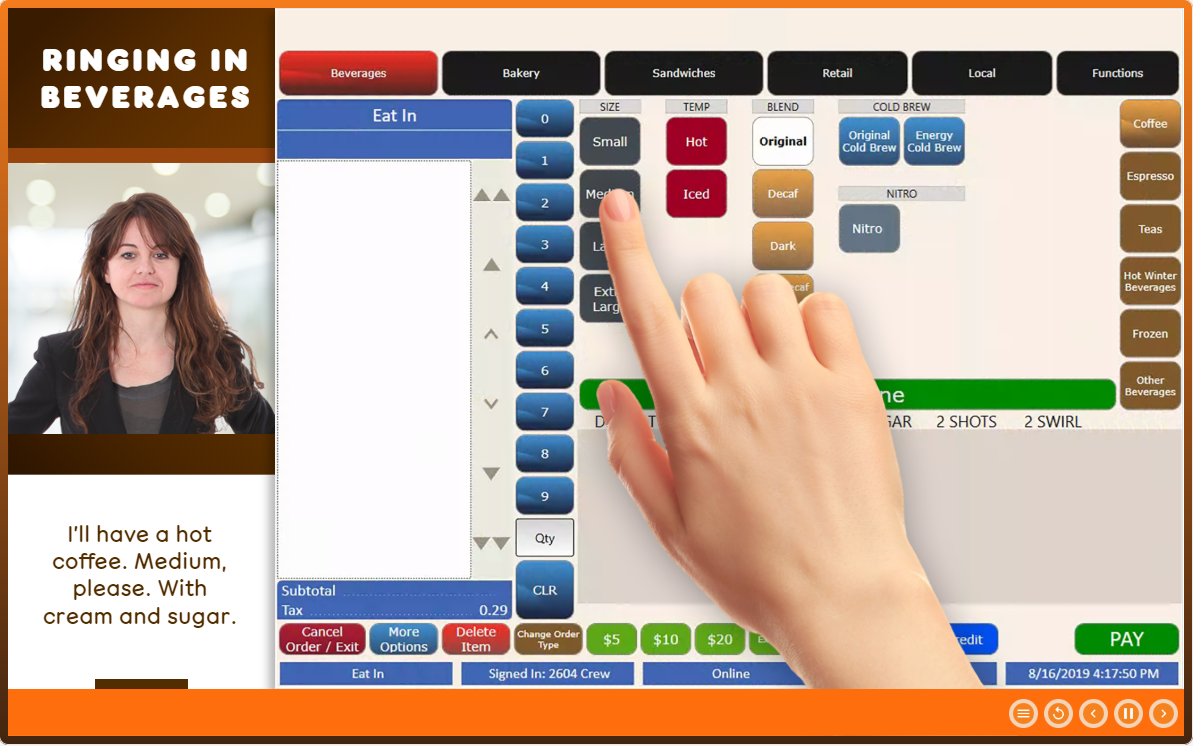 Screenshot of a Dunkin' Donuts POS elearning course showing simulated user experience