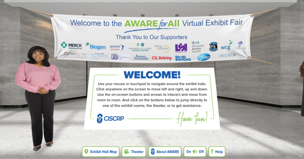 Screenshot of opening lobby and welcome sign from CISCRP Aware for All virtual reality health fair