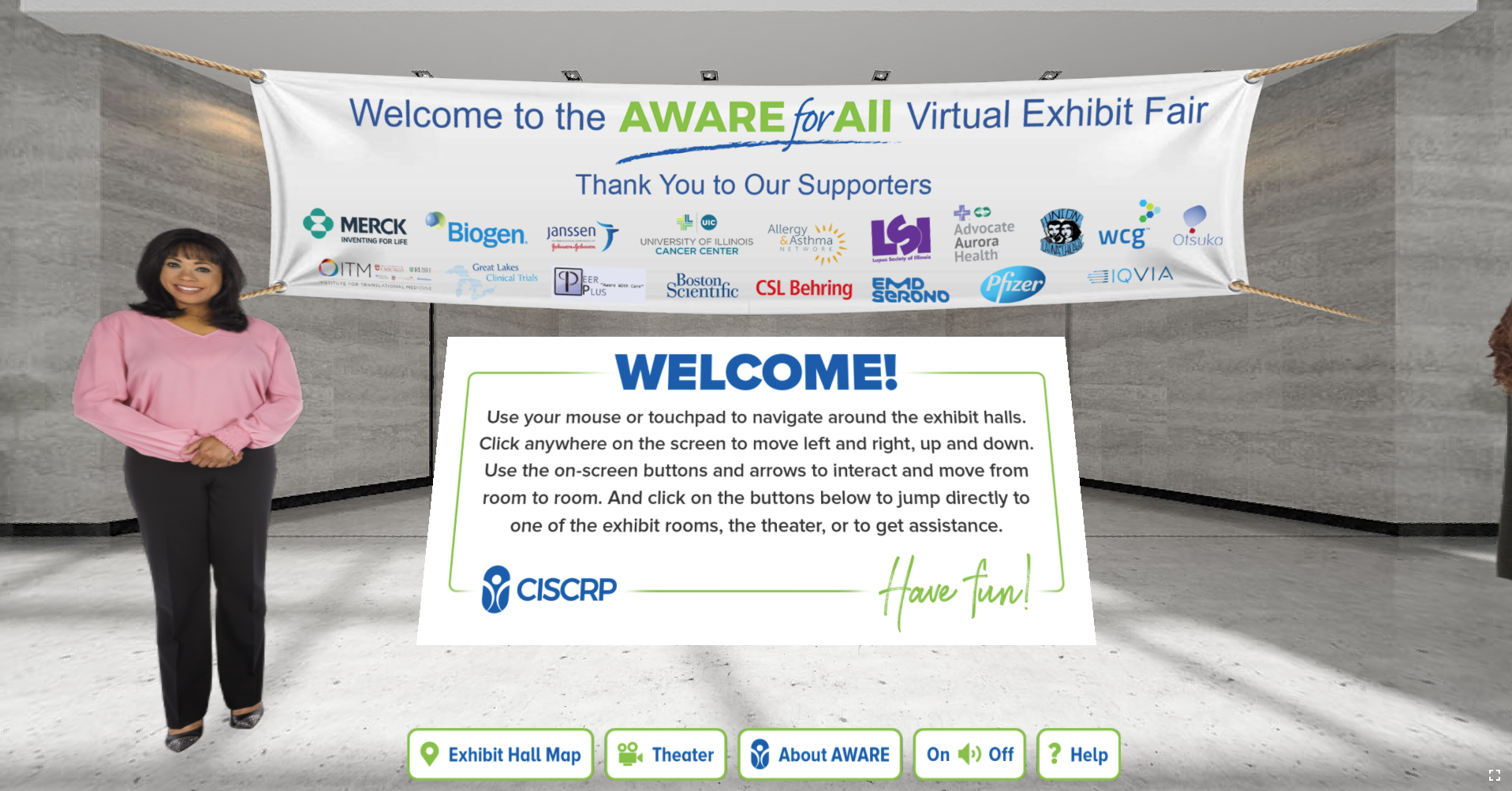Opening screen from CISCRP's AWARE for All VR Exhibit Hall