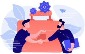 Two business partners shaking hands and big briefcase. Partnership and agreement, cooperation and deal completed concept on white background. Coral pink palette vector isolated illustration.