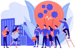 Company newcomers, personnel, staff. New team members, adaptation of new employees, first days in company, new employees training concept. Living coral blue vector isolated illustration