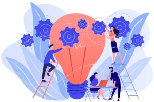 Business team putting gears on big lightbulb. New idea engineering, business model innovation and design thinking concept on white background. Living coral blue vector isolated illustration