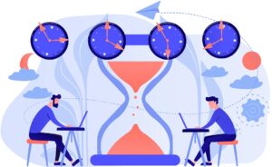 Busy businessmen with laptops near hourglass working in different time zones. Time zones, international time, world business time concept. Living coral blue vector isolated illustration