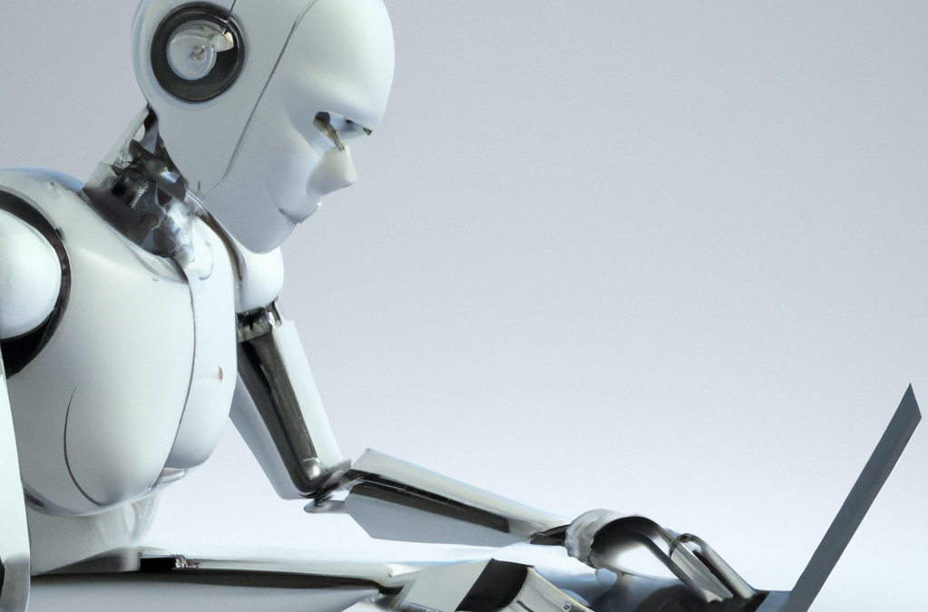 DALL·E 2023-05-22 09.12.57 - a 3D futuristic robot typing on a laptop