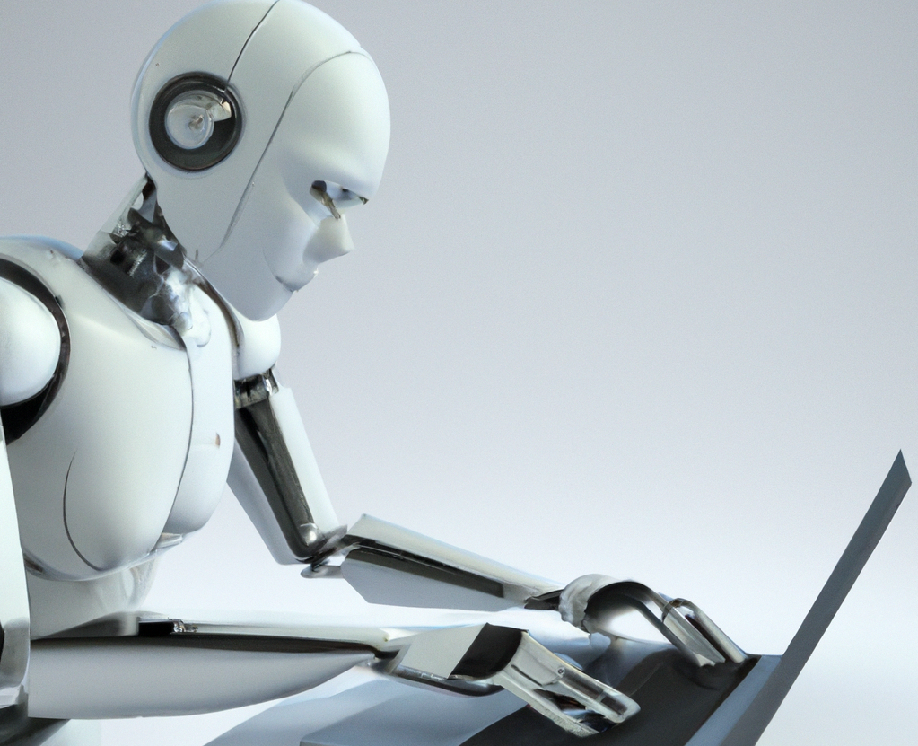 DALL·E 2023-05-22 09.12.57 - a 3D futuristic robot typing on a laptop