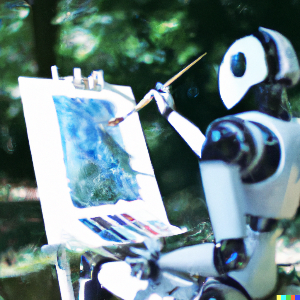 DALL·E 2023-05-22 09.14.59 - a 3D futuristic robot painter painting a watercolor in plein air