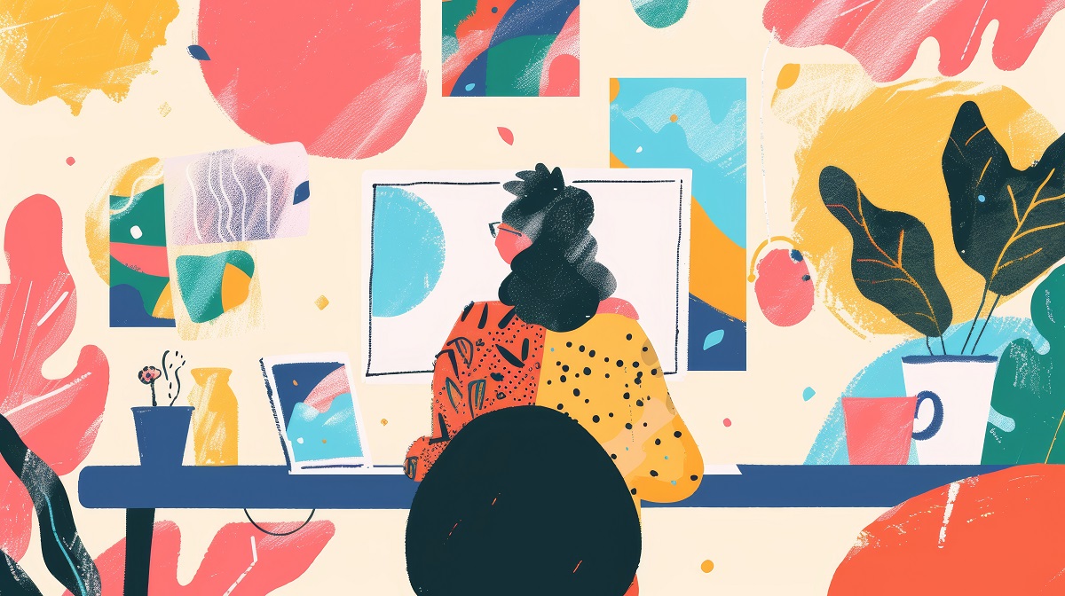 A vibrant, playful illustration of a person seated at a desk, engaging with educational content on a computer screen. the background features abstract, colorful shapes, symbolizing creativity, learning, and technology, fostering an inspired study environment.