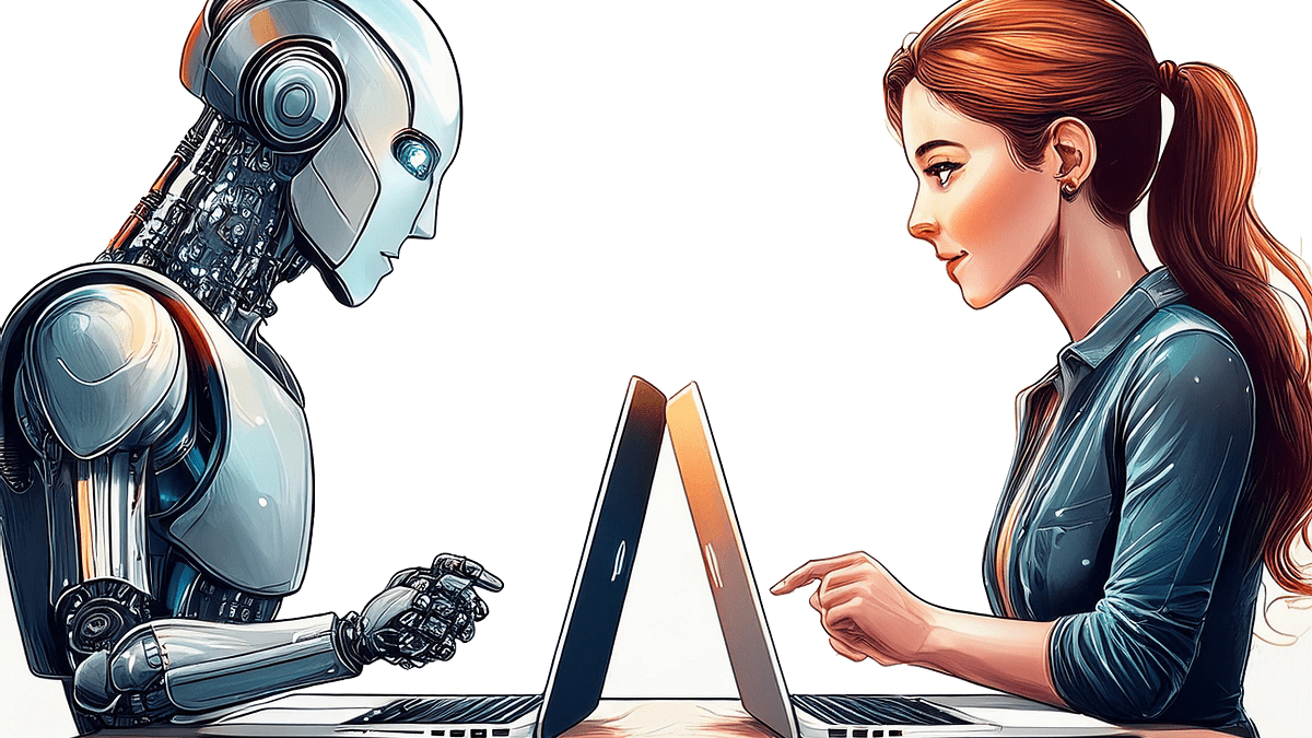 AI robot and woman facing each other