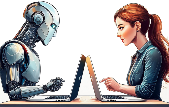 AI robot and woman facing each other