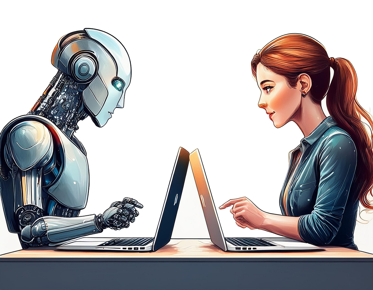 AI robot and woman facing each other