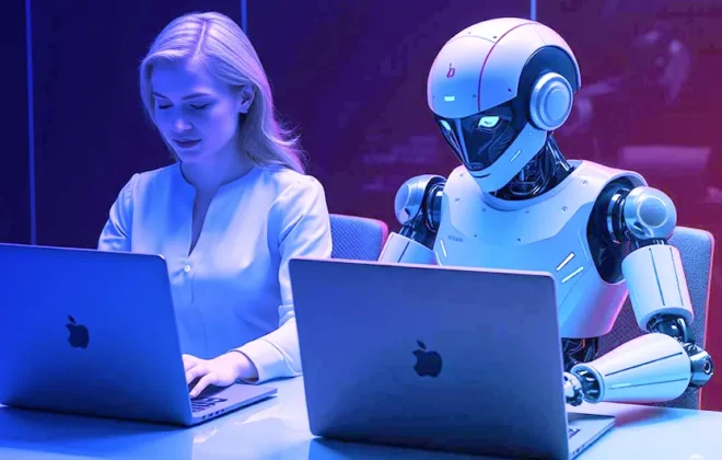 A person and a robot sit next to one another at their computers