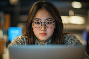 A young woman with glasses intently focuses on her laptop screen, illuminated in a dimly lit setting.